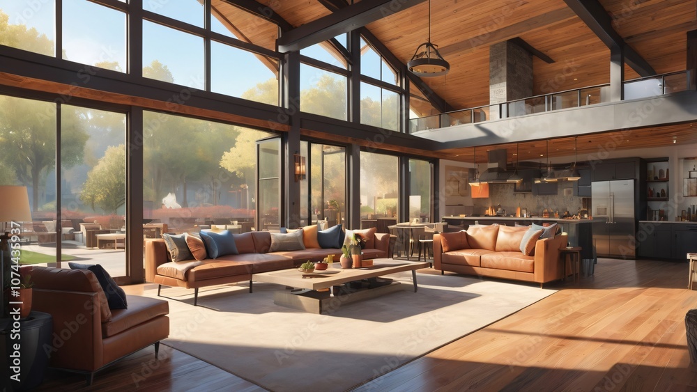 Modern Cabin Interior Design with Large Windows and Wooden Beams Modern Cabin Interior Design with Large Windows and Wooden Beams