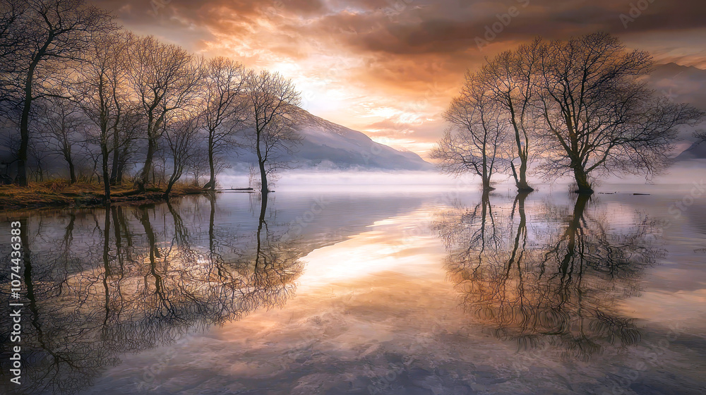 Serene Lake at Sunset with Reflective Trees Serene Lake at Sunset with Reflective Trees