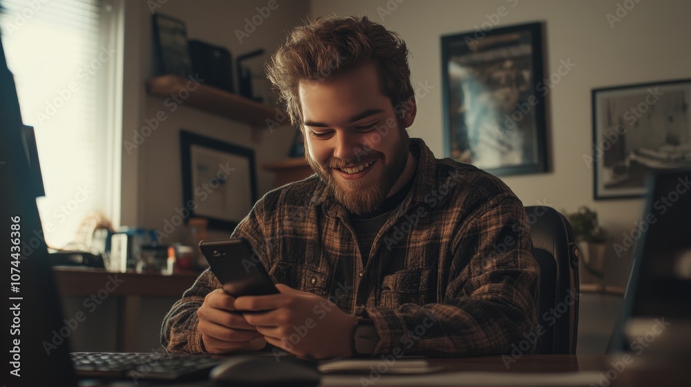 A young man with a beard smiles as he types a message on his smartphone while sitting at his desk. A young man with a beard smiles as he types a message on his smartphone while sitting at his desk.