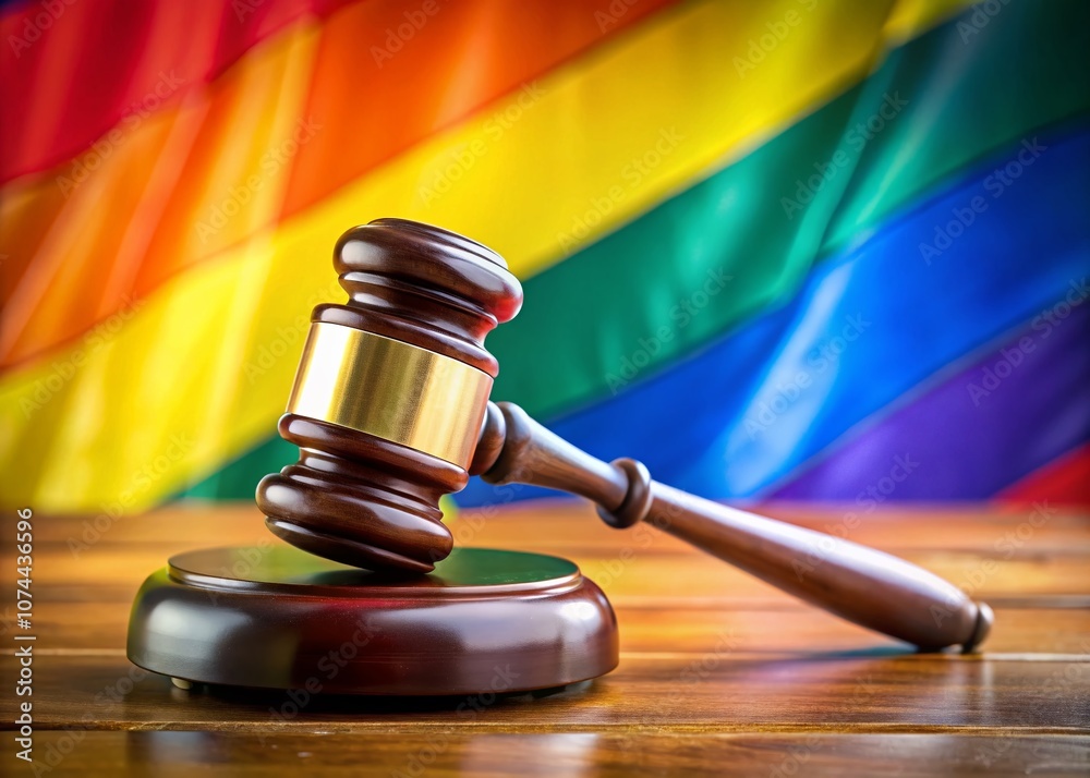 A Judge's Gavel on a Wooden Desk with a Rainbow Flag, Representing LGBTQ+ Rights and Justice in a Modern Courtroom Environment A Judge's Gavel on a Wooden Desk with a Rainbow Flag, Representing LGBTQ+ Rights and Justice in a Modern Courtroom Environment