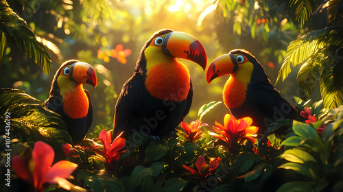 Three Toucans in a Tropical Jungle Illustration