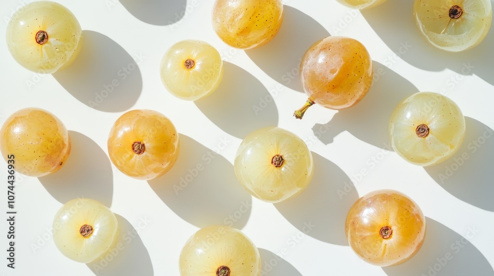 Fototapeta premium An assortment of whole and cut Shine-Muscat grapes arranged on a white surface. Close-up view of white Japanese grapes, showing their delicate skin and translucent flesh.