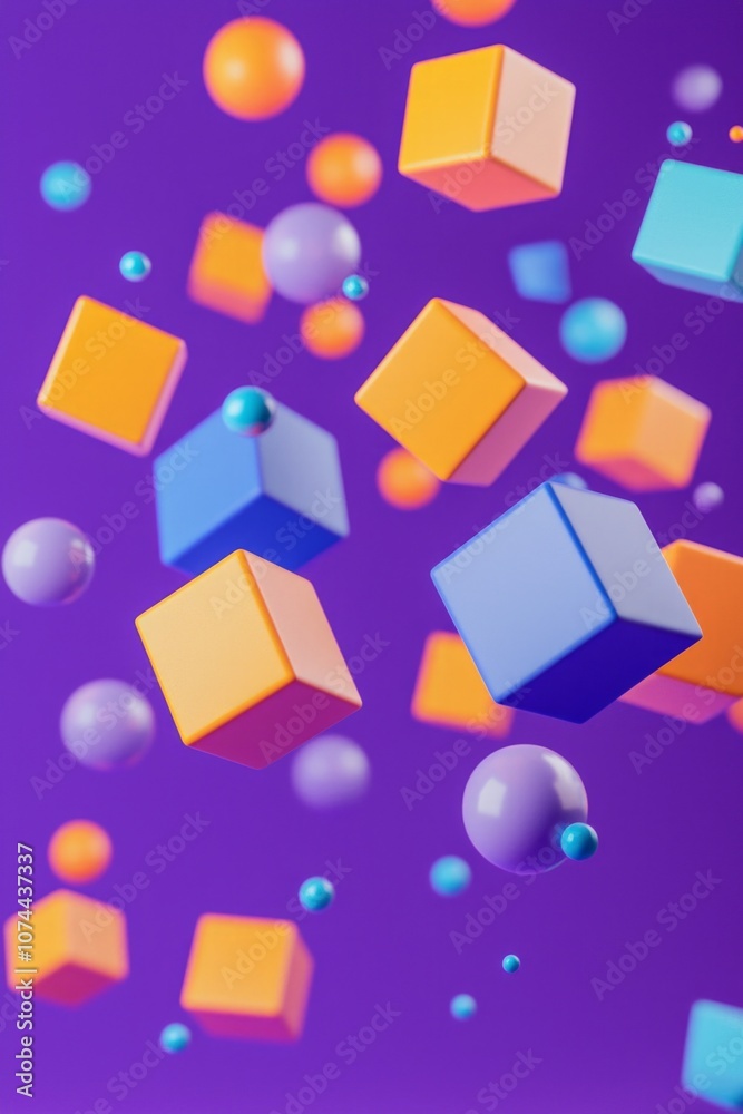 3D rendering of colorful cubes and spheres flying on a purple background. Abstract geometric composition with falling blocks in orange, blue, and violet colors. 3D rendering of colorful cubes and spheres flying on a purple background. Abstract geometric composition with falling blocks in orange, blue, and violet colors.