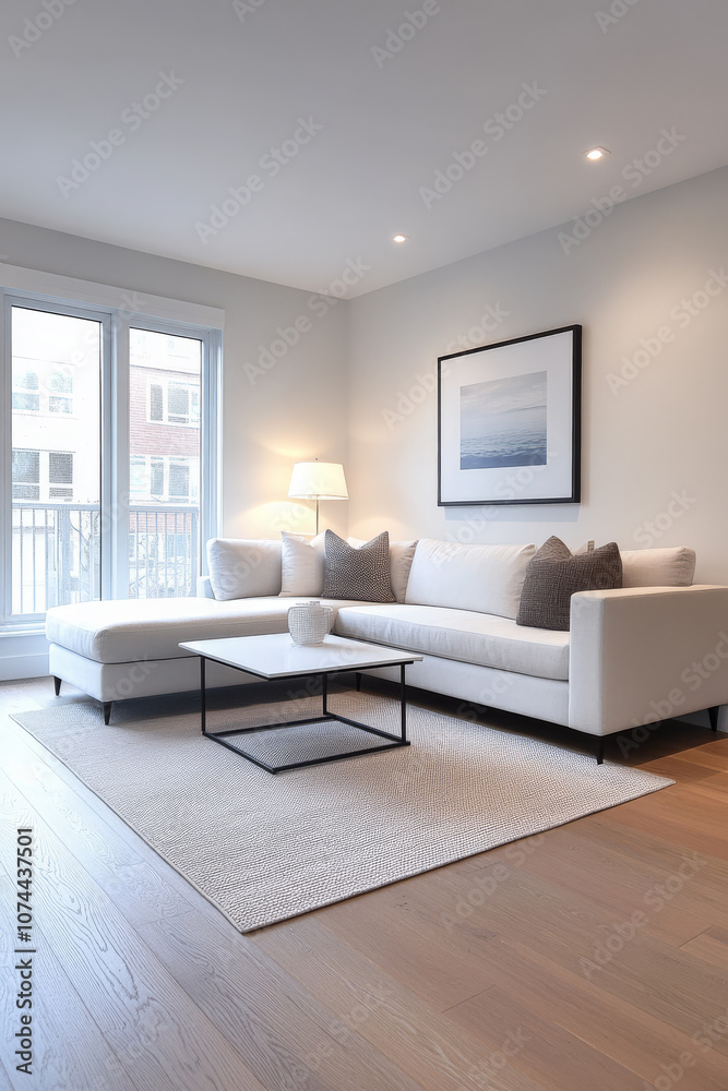 Modern minimalist living room with natural light in a stylish apartment Modern minimalist living room with natural light in a stylish apartment