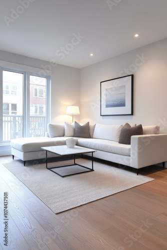 Modern minimalist living room with natural light in a stylish apartment