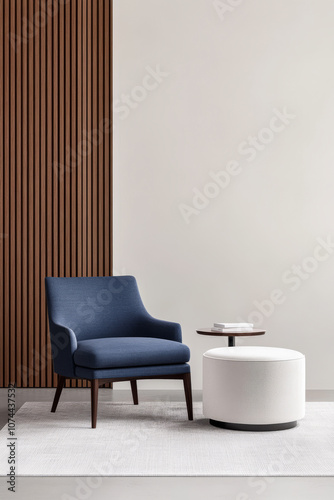 Modern blue armchair beside a white round table in minimalist interior design setting