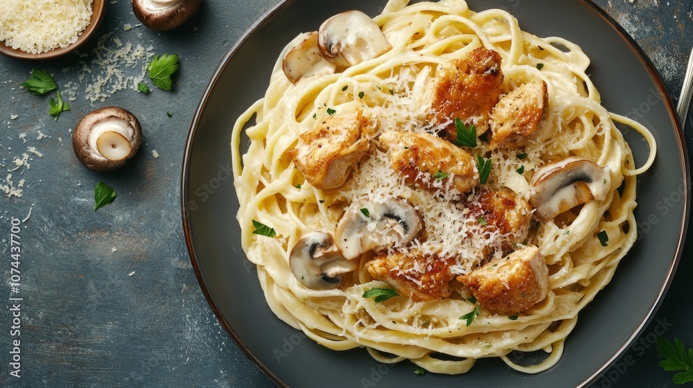 Fototapeta premium A plate of creamy fettuccine pasta with chicken, mushrooms, and parmesan cheese.