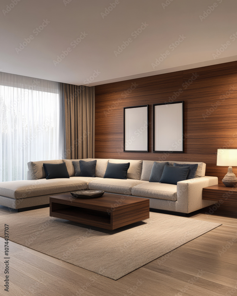 Modern living room featuring a sectional sofa and wooden accents in a bright, airy space Modern living room featuring a sectional sofa and wooden accents in a bright, airy space