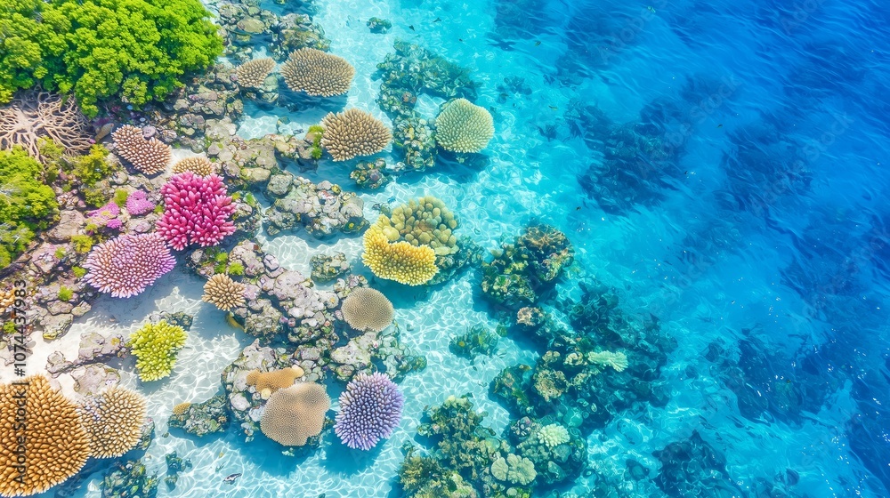 Aerial view of a tropical reef ecosystem, where vibrant corals, schools of fish, and marine life can be seen through the clear blue waters, creating a colorful underwater landscape.