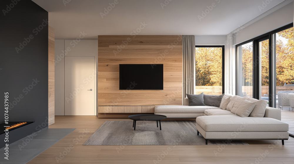 Modern living room design with minimalist decor and natural lighting in a cozy home setting Modern living room design with minimalist decor and natural lighting in a cozy home setting