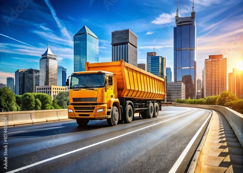 Architectural Photography of a Dump Truck Driving on a Multilane Road Surrounded by Urban Structures and Infrastructure, Capturing the Intersection of Construction and City Life photo