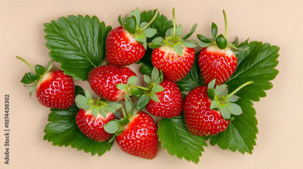 Fresh strawberries with vibrant red color and green leaves create delightful scene Fresh strawberries with vibrant red color and green leaves create delightful scene
