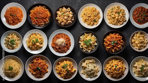 asta. Italian pasta dishes, including spaghetti Bolognese, tortellini, penne with chicken, and ravioli, are seen from abov photo