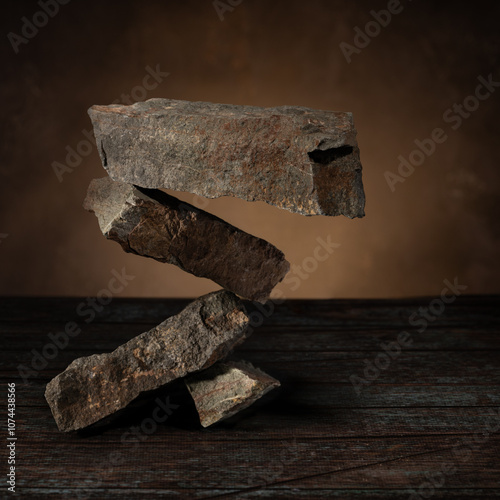 Rocks arranged asymmetrically form a stand on wooden table for product photography background