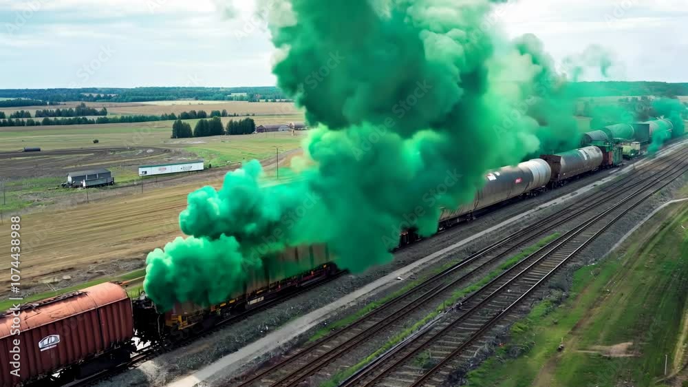 Burning train. Toxic chemicals leak and ignite. Acrid green smoke is released into the atmosphere. A train engulfed in flames releases acrid green smoke, highlighting the dangers of chemical transport