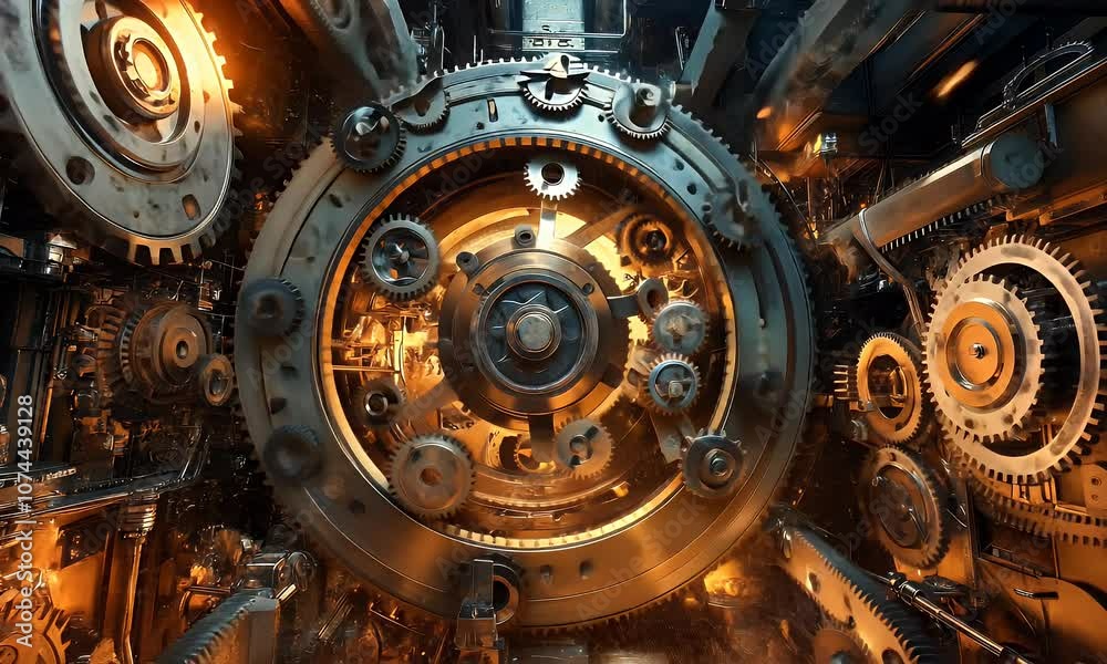 A complex arrangement of gears and machinery with an industrial aesthetic. A complex arrangement of gears and machinery with an industrial aesthetic.