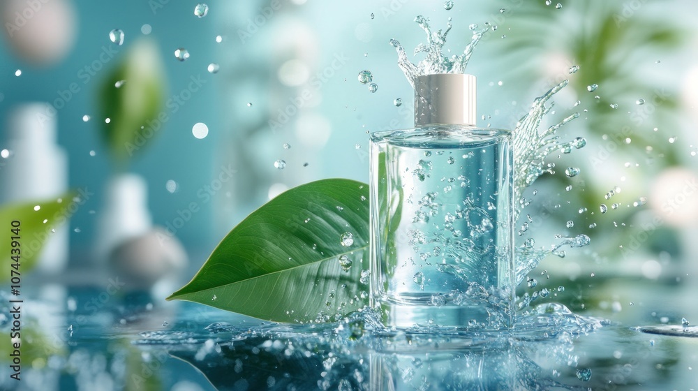 A clear bottle splashes in water, surrounded by green leaves, evoking freshness and nature. A clear bottle splashes in water, surrounded by green leaves, evoking freshness and nature.