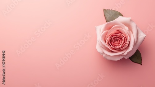 Delicate pink rose on a pastel pink background, symbolizing love and beauty in a minimalist style.