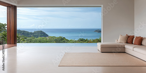 Relaxing interior view of a modern living room overlooking a tranquil ocean landscape in daylight photo