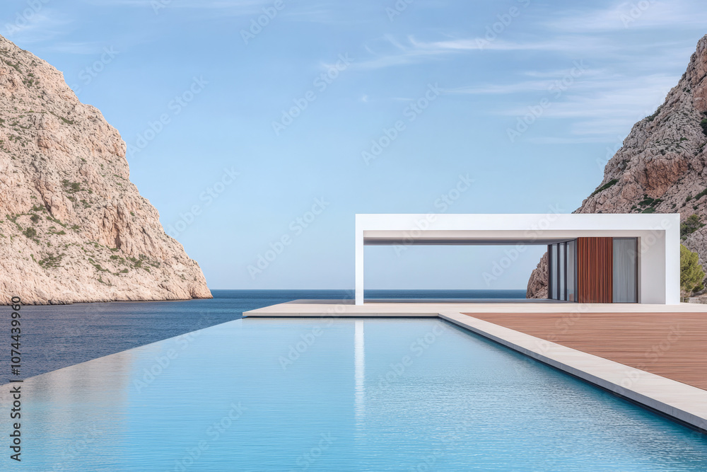 Fototapeta premium Modern minimalist architecture by the sea with stunning coastal views and tranquil swimming pool
