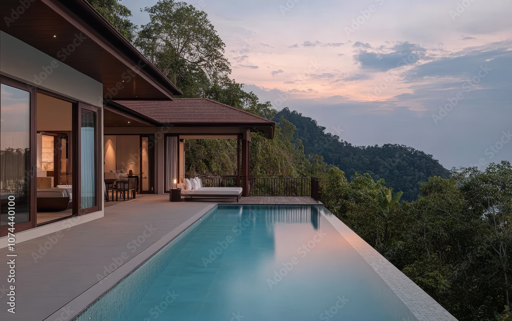 Fototapeta premium Luxury villa with infinity pool overlooking lush mountains during sunset in a tropical paradise