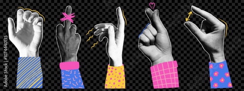 Trendy halftone collage human hands with doodle elements. Gesture signs. Vector dots texture.
