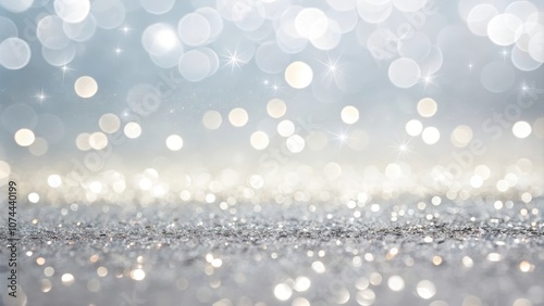 Shimmering Silver Glitter Background with Defocused White Lights and Stars