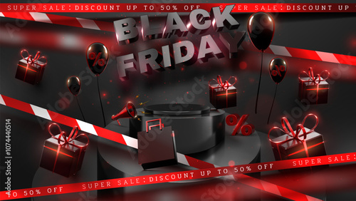 Black Friday discount promotion poster with gift box and red discount warning tape, black luxury background.