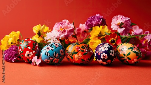 Colorful decorated eggs with vibrant flowers on a red background.