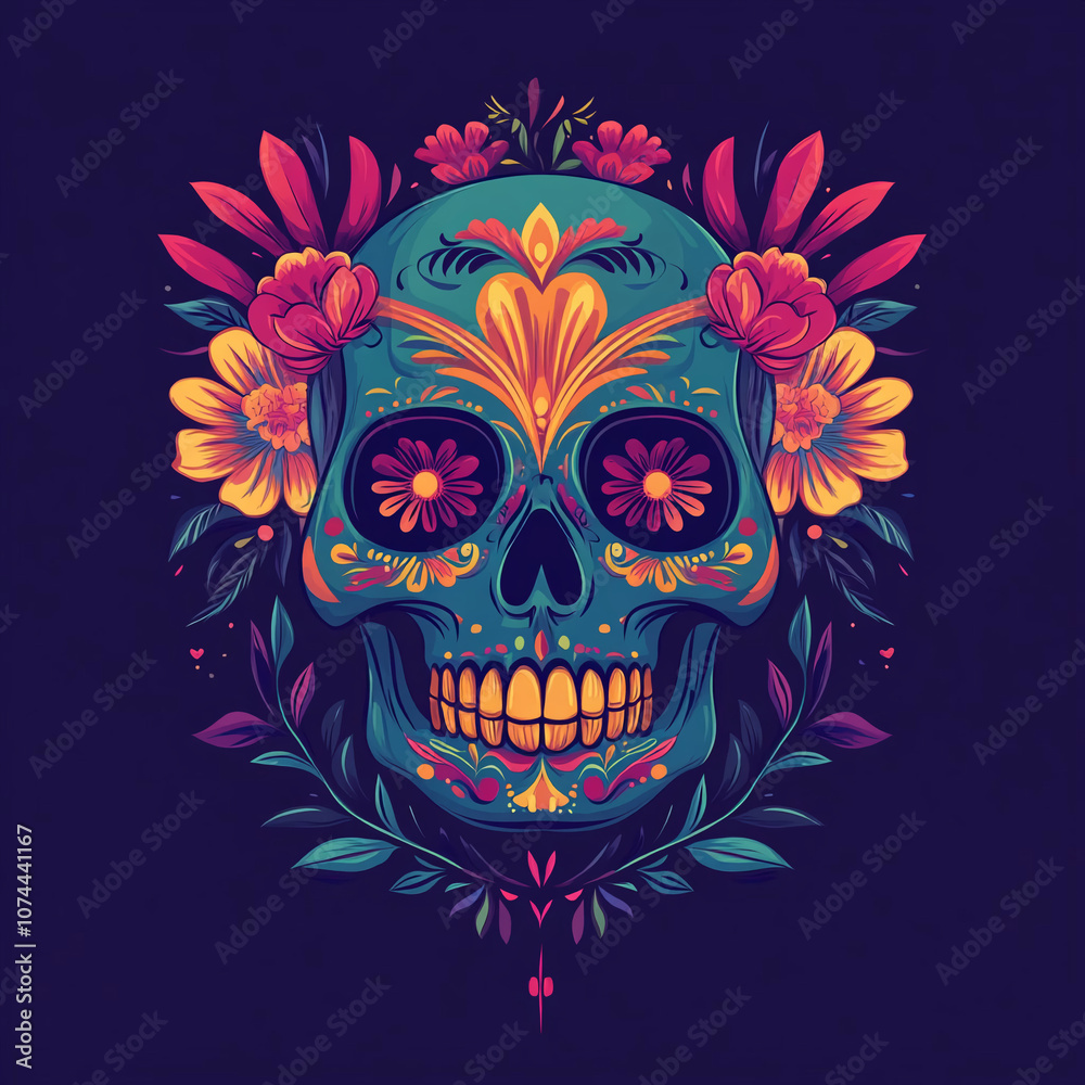 Vibrant illustration of a sugar skull with celebratory mood, adorned with colorful flowers against intricate patterns background, concept: Dia de los Muertos.
Day of the Dead Vibrant illustration of a sugar skull with celebratory mood, adorned with colorful flowers against intricate patterns background, concept: Dia de los Muertos.
Day of the Dead