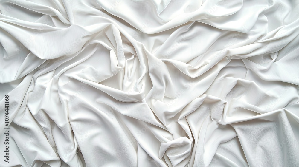 Elegant white satin fabric draping, smooth and luxurious decorative background.