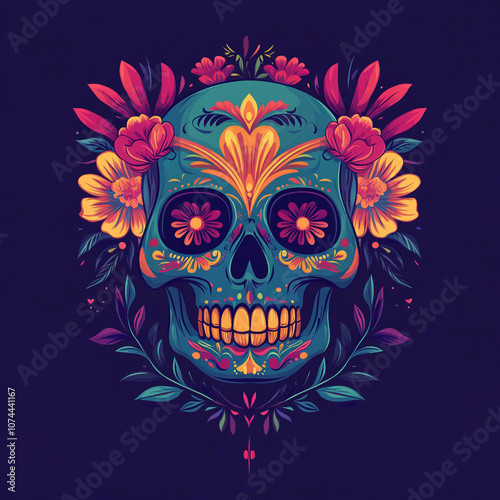 Vibrant illustration of a sugar skull with celebratory mood, adorned with colorful flowers against intricate patterns background, concept: Dia de los Muertos.
Day of the Dead