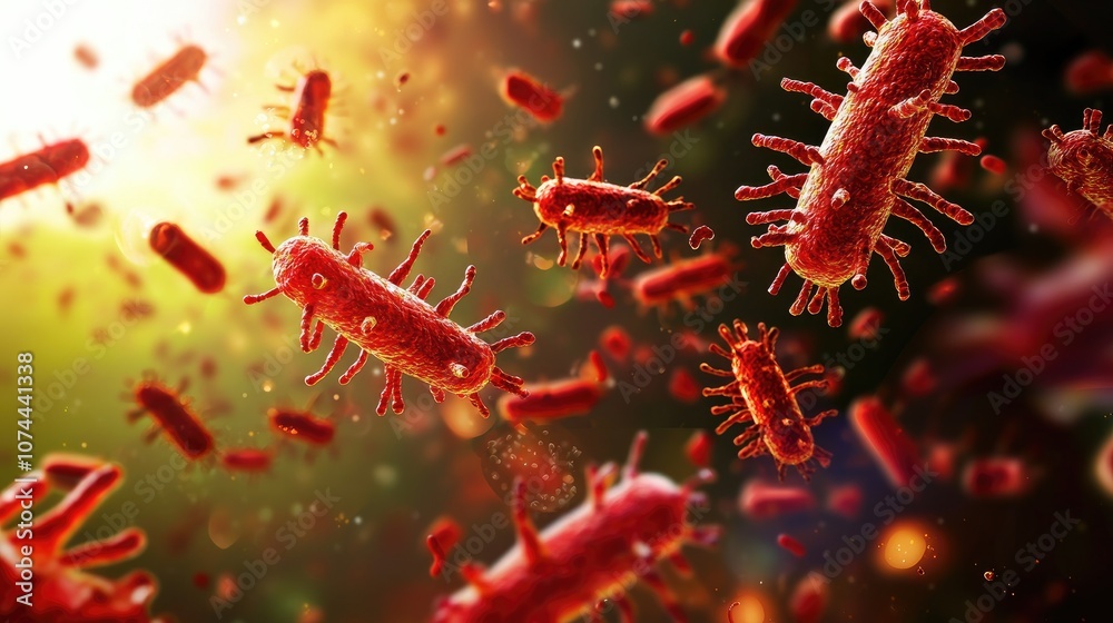 Microscopic view of bacteria with vibrant colors and dynamic lighting effects. Microscopic view of bacteria with vibrant colors and dynamic lighting effects.