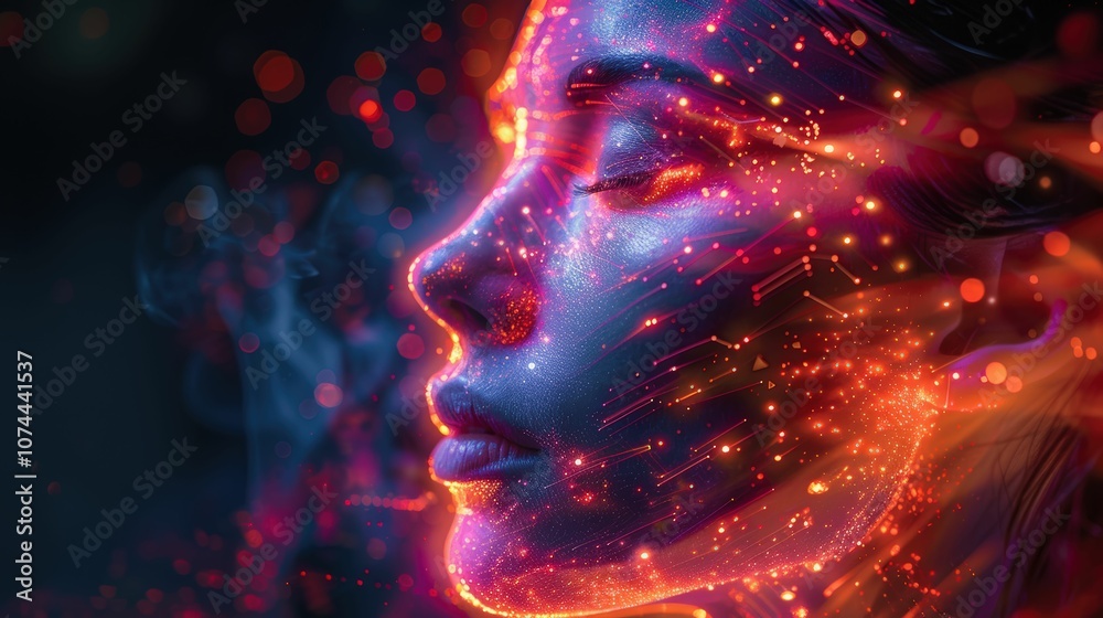 Abstract portrait of a woman illuminated by glowing particles and vibrant colors, emphasizing technology and creativity in a futuristic artistic style. Abstract portrait of a woman illuminated by glowing particles and vibrant colors, emphasizing technology and creativity in a futuristic artistic style.