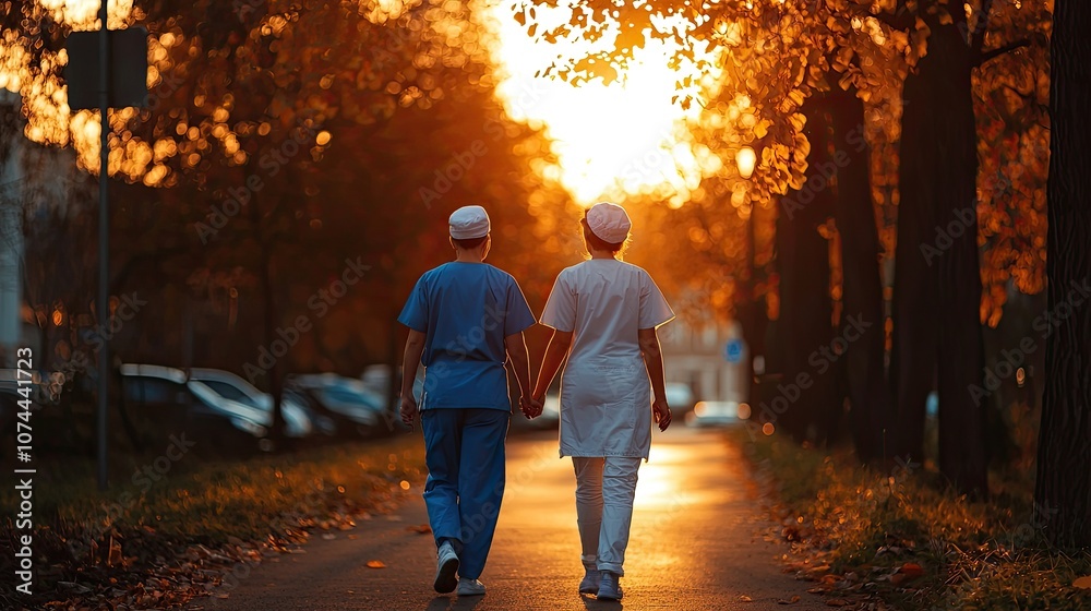 Two medical professionals walk together at sunset, surrounded by autumn foliage. Two medical professionals walk together at sunset, surrounded by autumn foliage.