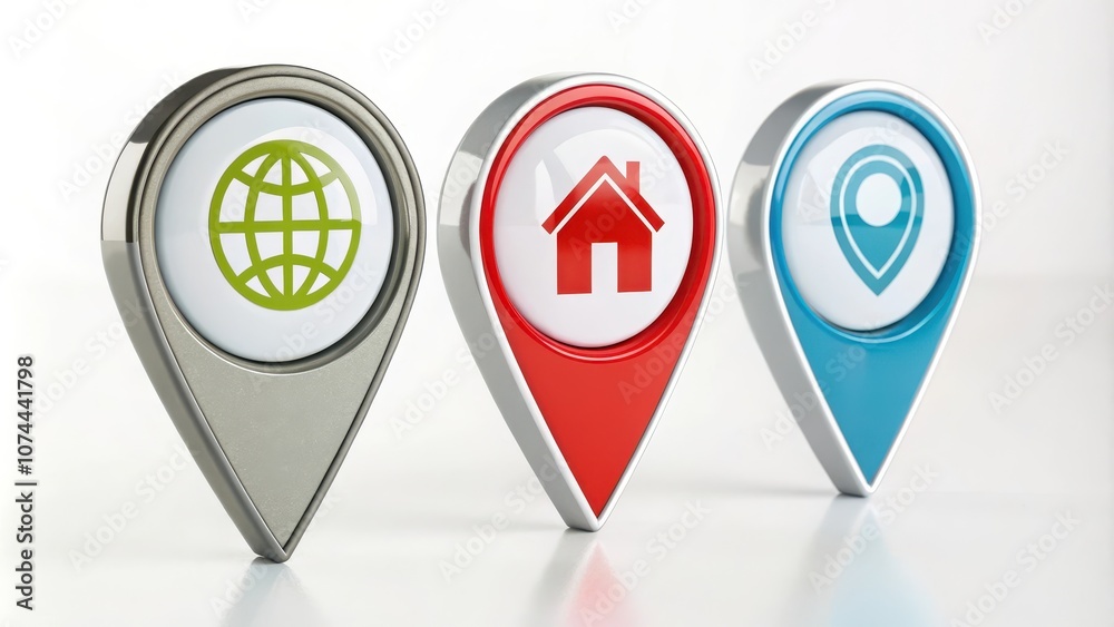 Metallic map pointers with globe, house, and location symbols representing global connection, home, and location