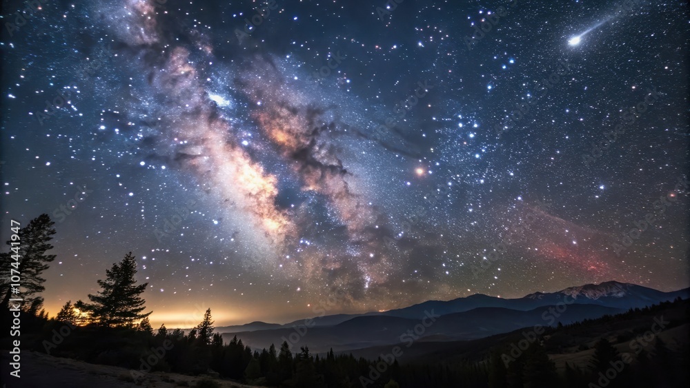 A celestial canvas painted with the Milky Way, a glittering tapestry of stars against the backdrop of a distant mountain range. A celestial canvas painted with the Milky Way, a glittering tapestry of stars against the backdrop of a distant mountain range.