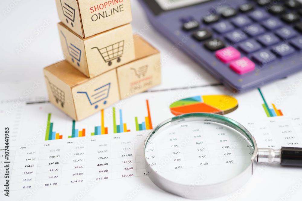 Online shopping, Shopping cart box on business graph, import export, finance commerce. Online shopping, Shopping cart box on business graph, import export, finance commerce.