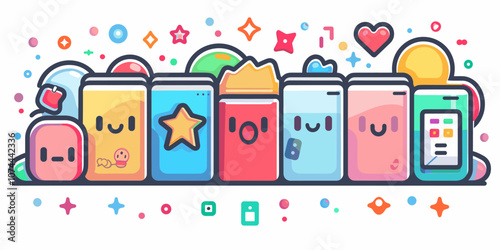 Cartoon vector illustration of colorful cute mobile phone with stars and stars.