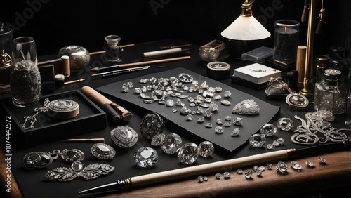  A jeweler's workspace with drawings and a top view of diamonds set against a black background.-