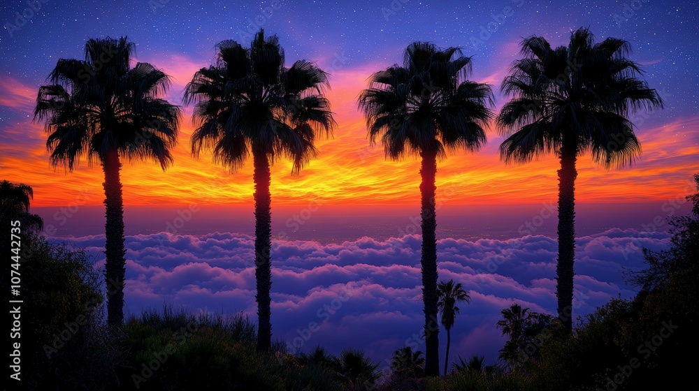 Obraz premium Majestic Sunset Over Clouds With Silhouetted Palm Trees Against a Colorful Sky Illuminated by Vibrant Hues of Orange, Purple, and Blue