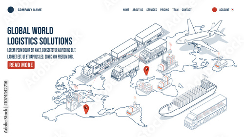 Global logistics solutions landing page concept with Smart Logistics, Business logistics, Warehouse Logistic, Online delivery, Export and Import. Vector illustration sps10