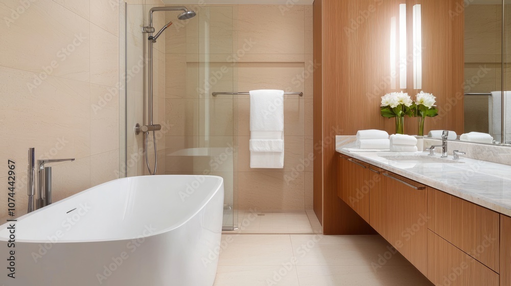 Modern and Elegant Bathroom Interior Design Featuring a Freestanding Bathtub, Walk-in Shower, and Stylish Wooden Vanity with Fresh Flowers Modern and Elegant Bathroom Interior Design Featuring a Freestanding Bathtub, Walk-in Shower, and Stylish Wooden Vanity with Fresh Flowers
