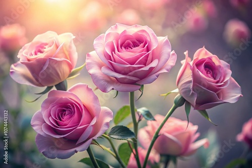 Beautiful Set of Pink Roses on a Soft Background, Ideal for Floral Arrangements and Romantic Themes, Perfect for Use in Invitations, Greeting Cards, and Other Creative Projects