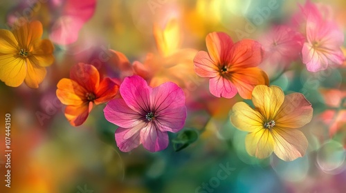 Blurred background with colorful flowers, hints of pinks, yellows, and greens softly blending together