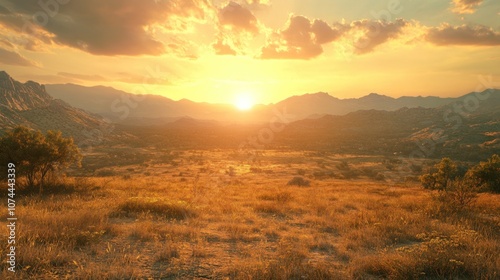 Cinematic background with a desert landscape under a low-hanging sun, casting long shadows and a warm, nostalgic tone photo