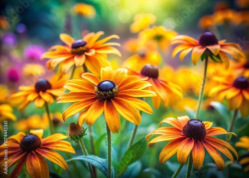 Beautiful Tilt-Shift Photography of Watercolor Black Eyed Susan Flowers in a Lush Garden Setting, Capturing the Delicate Details and Vibrant Colors of Nature's Palette