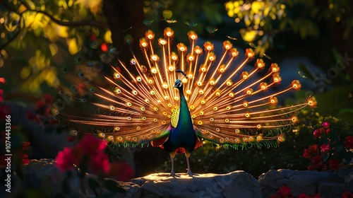 A beautiful peacock spreading its iridescent feathers in a lush garden 