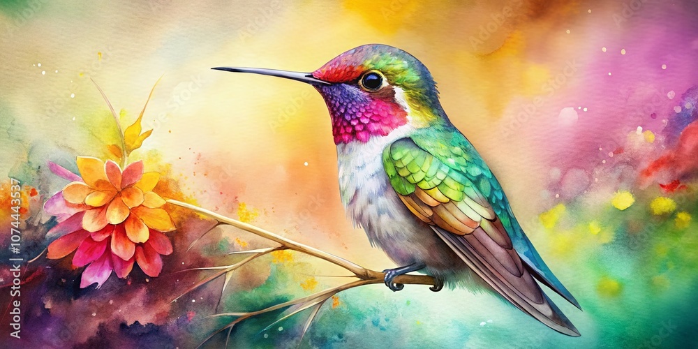 Fototapeta premium Beautiful Watercolor Hummingbird Painting Capturing Vibrant Colors and Nature's Delicate Flight in a Stunning Art Piece