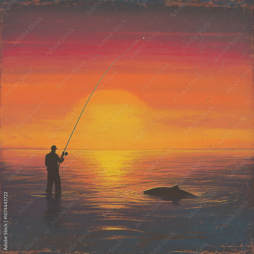 A lone fisherman casts his line into the water as the sun sets on the horizon. A lone fisherman casts his line into the water as the sun sets on the horizon.